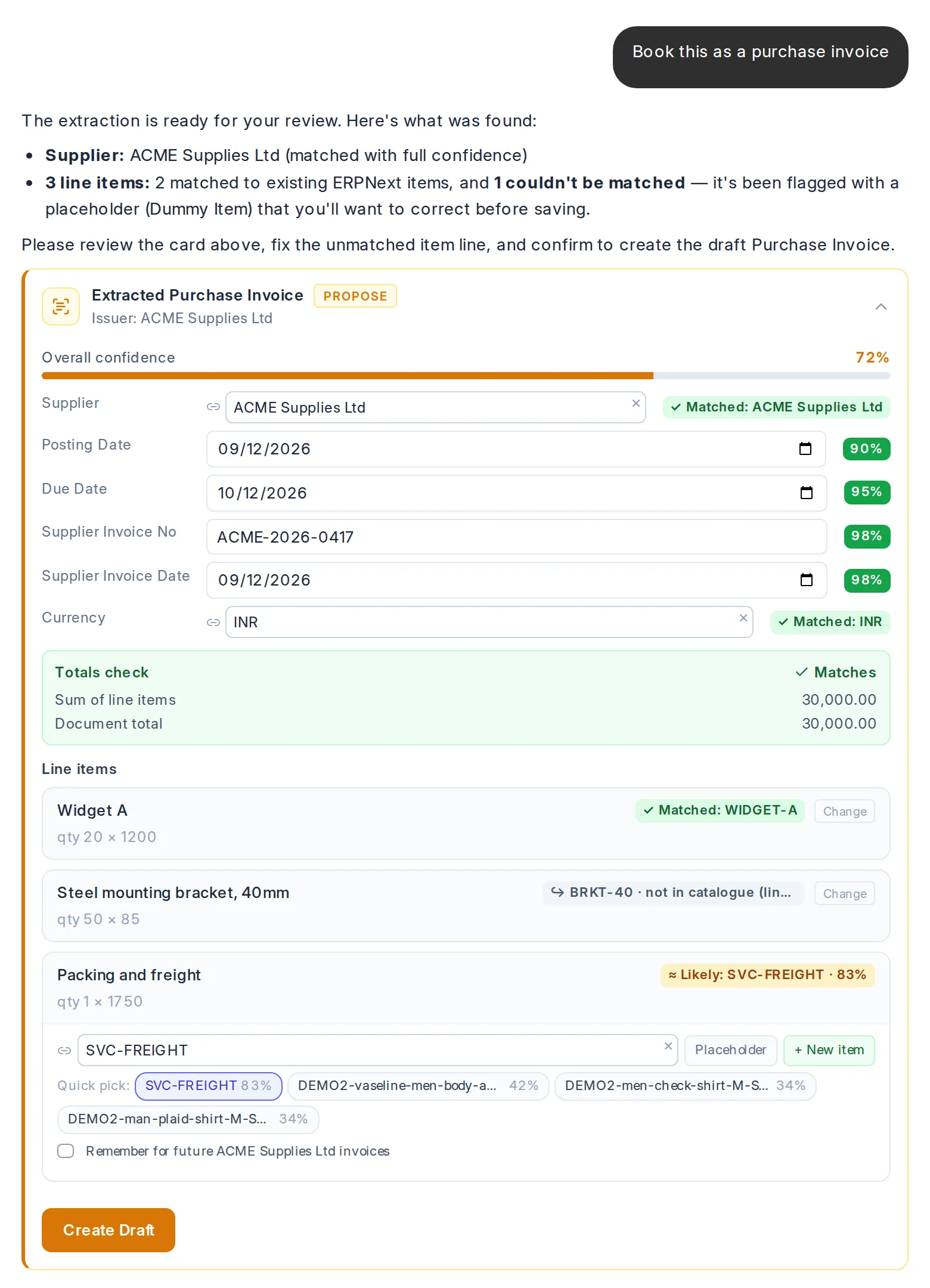 An extracted purchase invoice from ACME Supplies Ltd: supplier matched, totals check passing, two lines matched and one line offering ranked candidates.