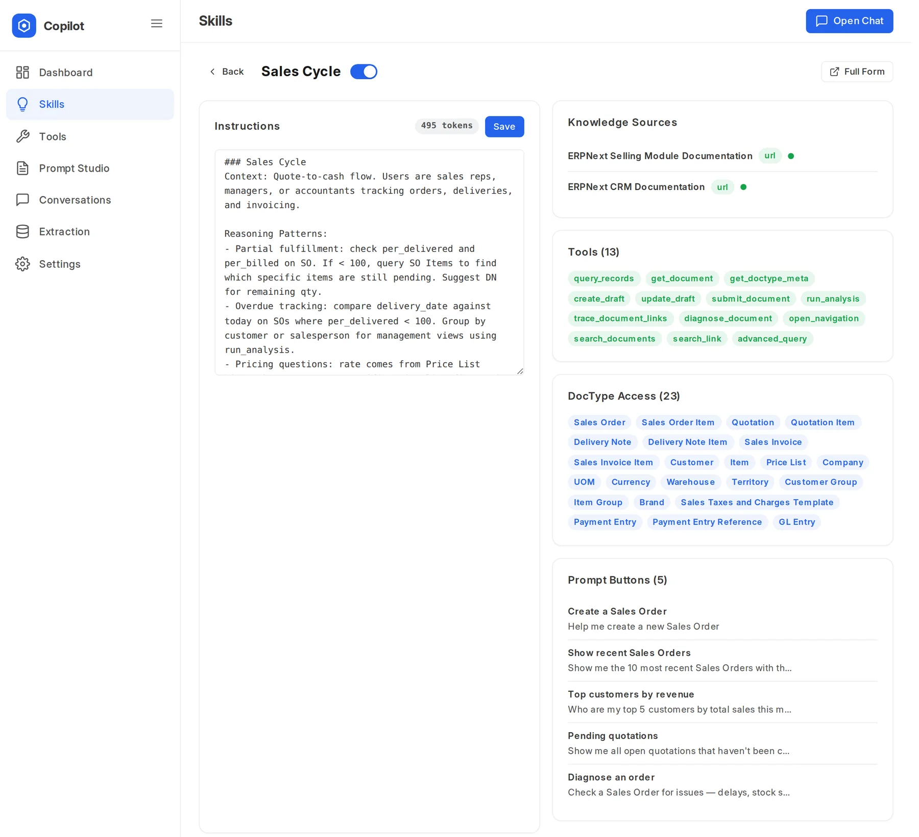 The Sales Cycle skill: instructions, two documentation knowledge sources, 13 tools, 23 DocTypes and five prompt buttons.