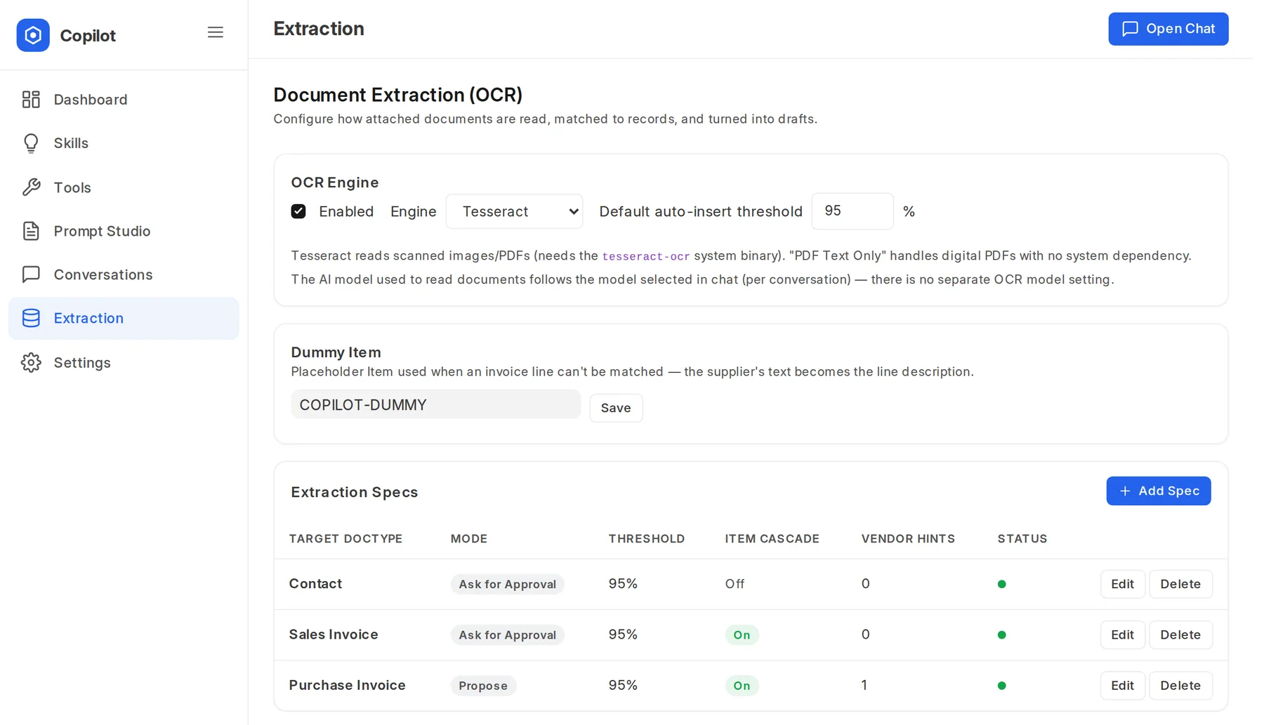 Extraction settings: OCR engine, a placeholder item for unmatched lines, and extraction specs per DocType with mode, threshold and vendor hints.